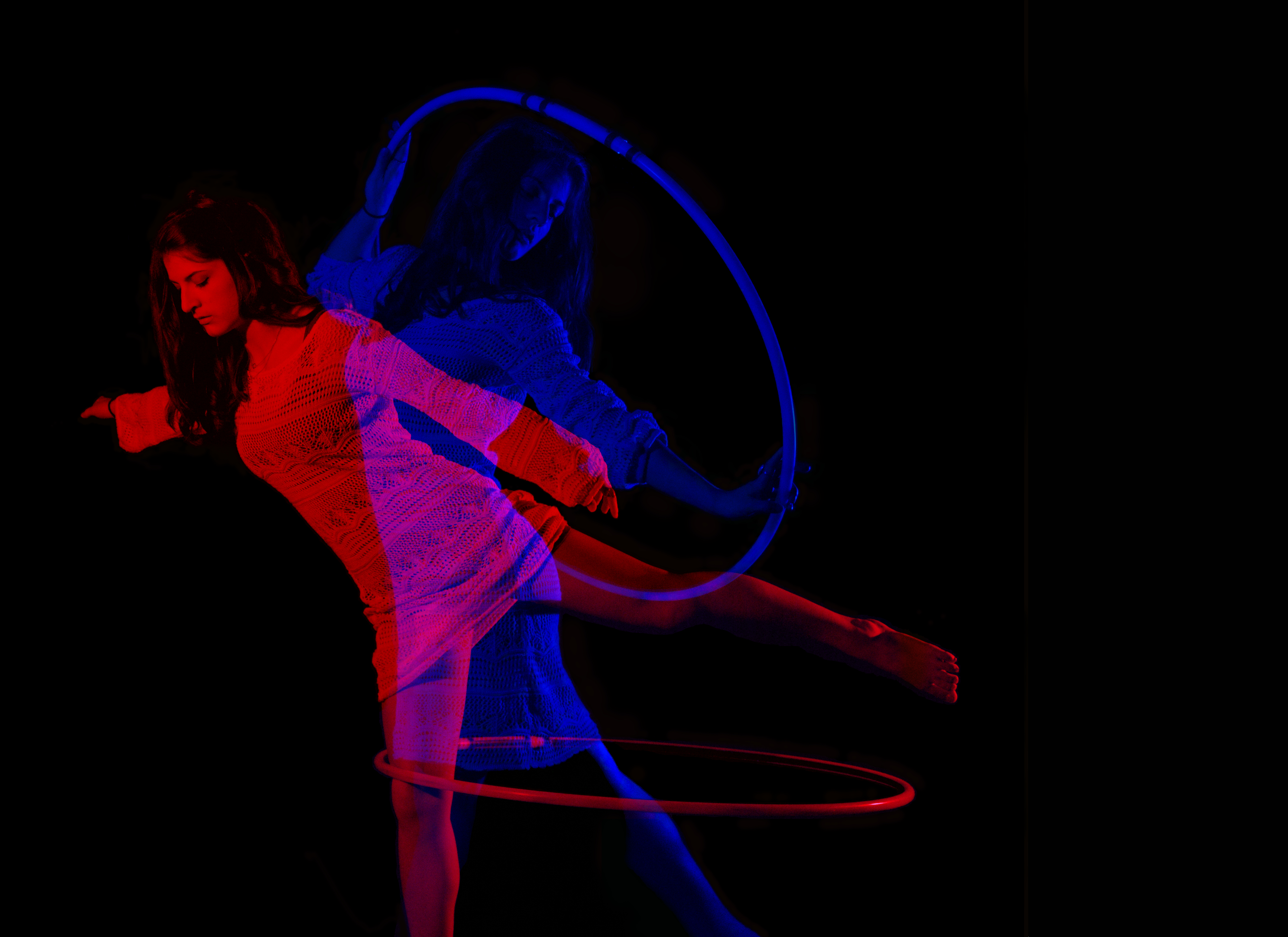 double exposure, hooping, red and blue
