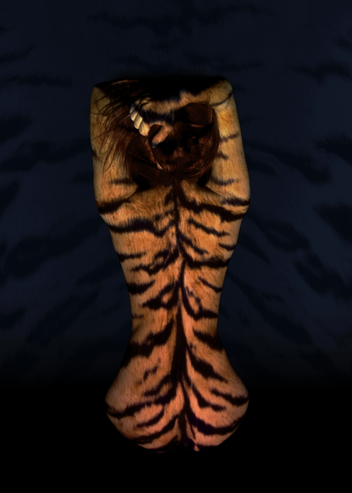 modeling photography, art nude, nude photography, projection photography, light projection, tiger, tiger print